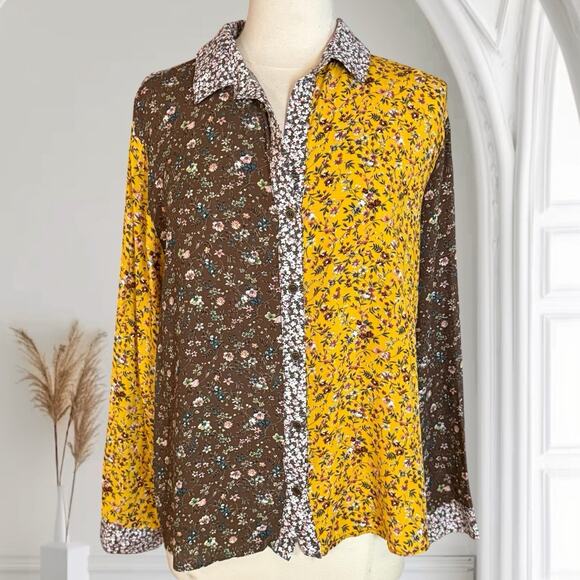 Umgee Floral Colorblock Shirt Blouse Sz L Longer length Roll Tab Sleeves Boho - Picture 1 of 9